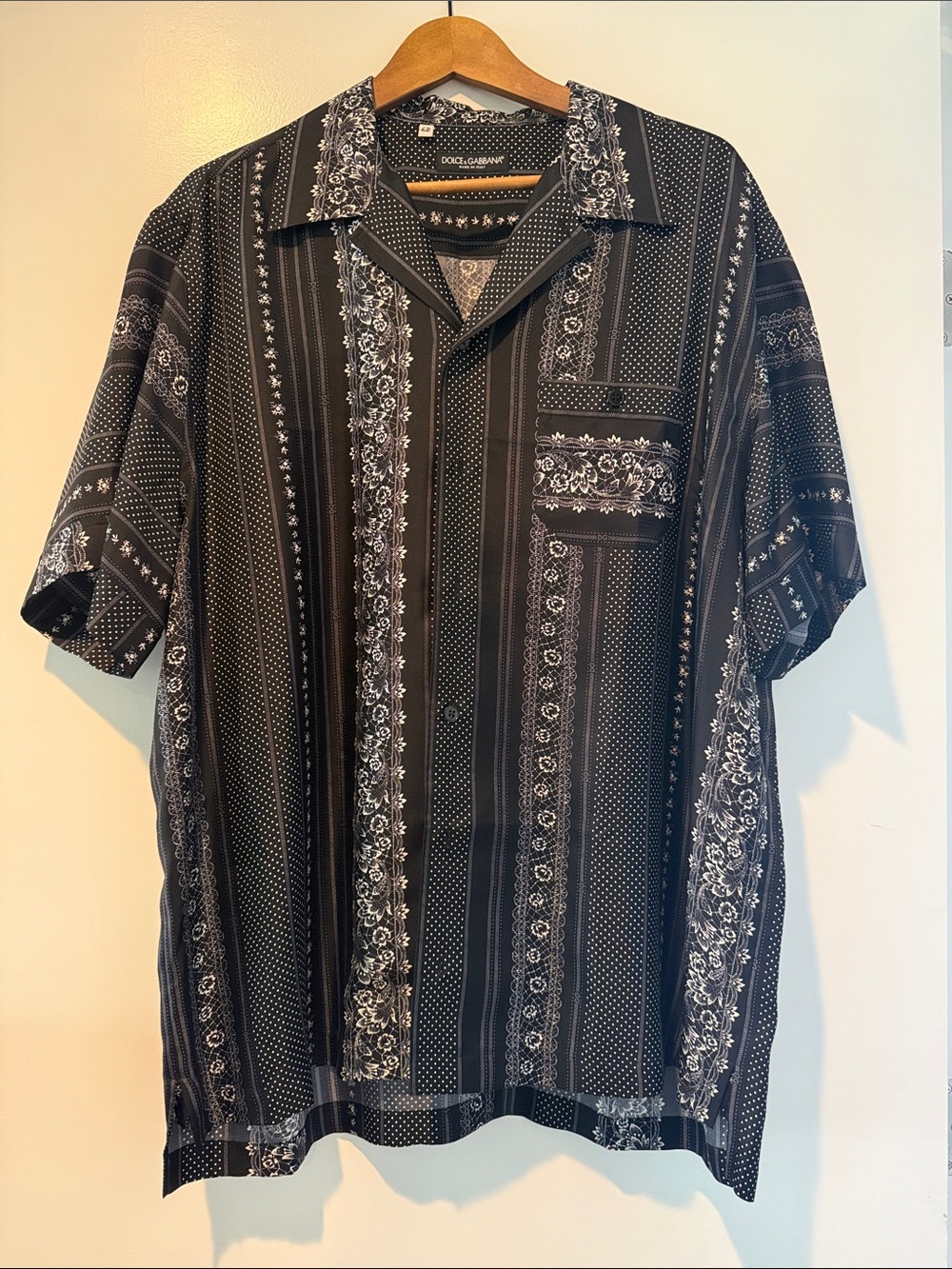Dolce & Gabbana Black Short-Sleeve Floral Stripe Camp Shirt